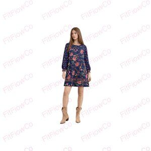 LOFT Navy Floral Shift Dress Long Sleeve Border Hem Size SP Petite EUC